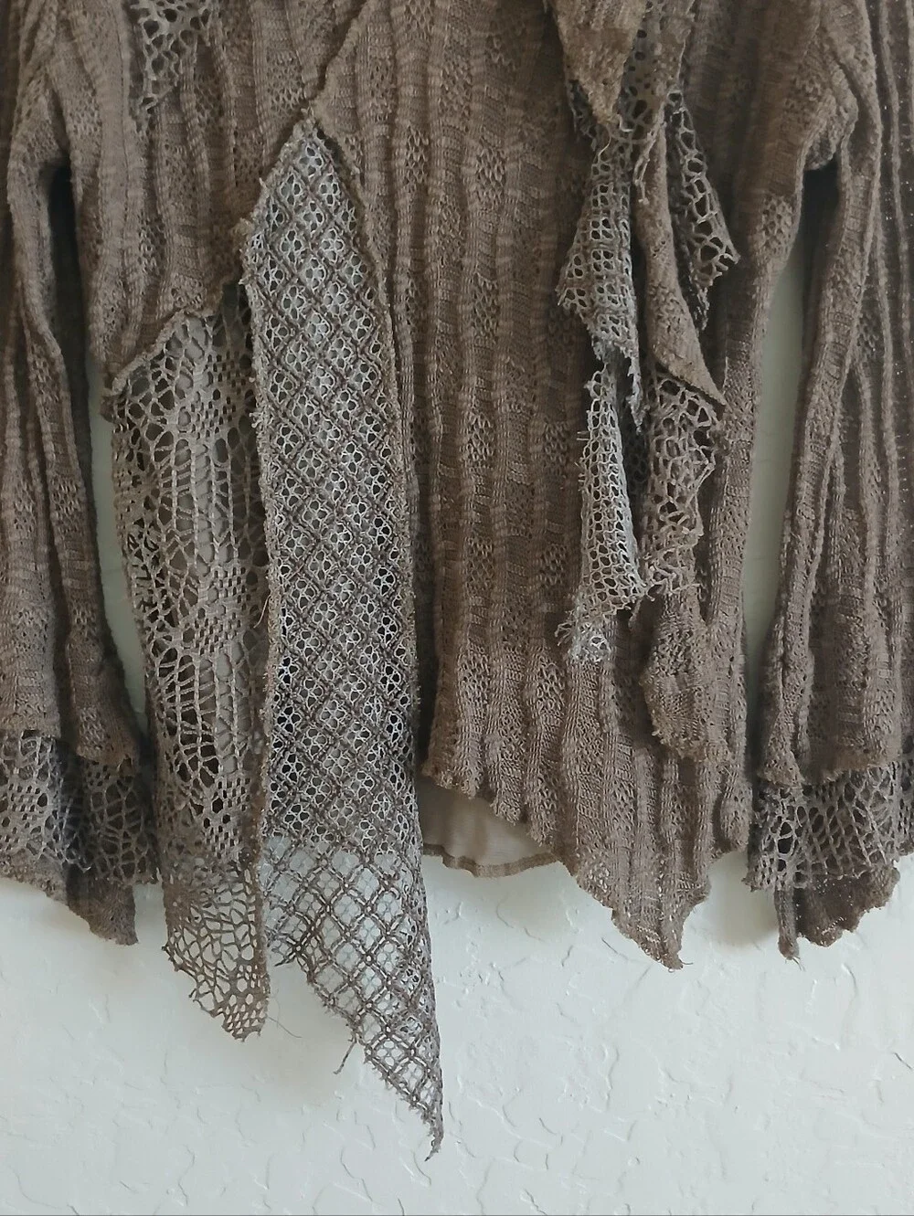 PRETTY ANGEL Mixed Media Goblincore Bell Sleeve Top Women's L Brown Crochet - Picture 4 of 8